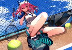 Rule 34 | 1girl, azur lane, ball, bare shoulders, blue footwear, bottle, breasts, bremerton (azur lane), bremerton (scorching-hot training) (azur lane), chain-link fence, fence, hair between eyes, hair ornament, hairclip, highres, holding, holding bottle, long hair, looking at viewer, mole, mole under eye, multicolored hair, pink eyes, pink hair, racket, sitting, solo, sportswear, streaked hair, sweatdrop, tarbo (exxxpiation), tennis ball, tennis court, tennis racket, tennis racket case, tennis uniform, twintails, two-tone shirt, two-tone skirt, water bottle, x hair ornament