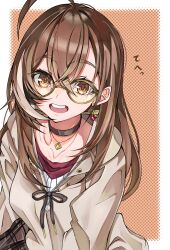 Rule 34 | 1girl, absurdres, ahoge, berry, black choker, brown eyes, brown hair, brown hoodie, brown skirt, choker, commentary request, crossed bangs, double-parted bangs, earrings, food-themed earrings, glasses, gummy candy 93, hair between eyes, highres, hololive, hololive english, hood, hoodie, jewelry, long hair, looking at viewer, multicolored hair, nanashi mumei, nanashi mumei (casual), official alternate costume, orange background, plaid, plaid skirt, red shirt, round eyewear, shirt, simple background, skirt, smile, streaked hair, sweater, teeth, upper teeth only, virtual youtuber, white sweater