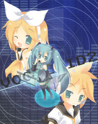 Rule 34 | 1boy, 2girls, ;d, aqua hair, black footwear, blue eyes, boots, brother and sister, chibi, copyright name, hatsune miku, kagamine len, kagamine rin, long hair, multiple girls, omiso, omiso (omiso), one eye closed, open mouth, pleated skirt, sailor collar, school uniform, serafuku, shirt, siblings, skirt, smile, standing, tattoo, thigh boots, thighhighs, twins, twintails, very long hair, vocaloid, white shirt, zettai ryouiki
