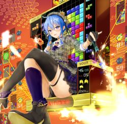 Rule 34 | absurdres, apple juice, asymmetrical legwear, beret, black panties, blue eyes, blue hair, boots, bracelet, choker, commentary request, crossed legs, crown, gloves, grey hat, hand on own face, hat, highres, hololive, hoshimachi suisei, hoshimachi suisei (1st costume), huge filesize, jacket, jewelry, juice, juice box, mugiusagi, open mouth, panties, pantyshot, partially fingerless gloves, plaid, plaid jacket, plaid skirt, side ponytail, single thighhigh, sitting, skirt, solo, star (symbol), star in eye, symbol in eye, tetris, thighhighs, throne, underwear, uneven legwear, virtual youtuber