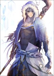 Rule 34 | 1boy, abs, arm guards, belt, blue hair, bodysuit, capelet, commentary request, cu chulainn (fate), cu chulainn (caster) (fate), earrings, fate/grand order, fate (series), fingerless gloves, fur trim, gloves, hair between eyes, holding, holding staff, hood, hooded capelet, ice crystal, jewelry, k-suwabe, cu chulainn (fate/stay night), looking at viewer, male focus, multiple belts, muscular, red eyes, shirt, sidelocks, smile, solo, staff, standing, tight shirt, twitter username, upper body, white background