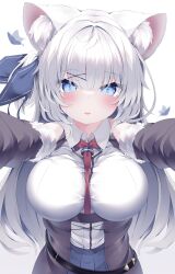 Rule 34 | 1girl, absurdres, animal ear fluff, animal ears, blue eyes, blue skirt, blush, breasts, detached sleeves, fox ears, fox girl, fur-trimmed sleeves, fur trim, hair between eyes, highres, konagi (konotuki), large breasts, long hair, looking at viewer, necktie, original, outstretched arms, parted lips, pleated skirt, red necktie, shirt, simple background, skirt, solo, upper body, white background, white hair, white shirt