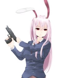 Rule 34 | 1girl, absurdres, animal ears, bad id, bad pixiv id, blazer, breasts, closed mouth, gun, hair between eyes, highres, holding, holding gun, holding weapon, jacket, large breasts, light purple hair, long hair, long sleeves, looking at viewer, necktie, rabbit ears, red eyes, red necktie, reisen udongein inaba, reloading, solo, surota, touhou, upper body, weapon