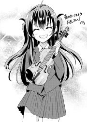 Rule 34 | 1girl, ^ ^, absurdres, ahoge, bad id, bad pixiv id, blazer, blush, closed eyes, collared shirt, commentary request, facing viewer, greyscale, grin, hair between eyes, highres, holding, holding instrument, holding violin, huge filesize, instrument, jacket, kousaka nobaku, long hair, monochrome, original, pleated skirt, school uniform, shirt, skirt, smile, solo, sparkle background, translation request, two side up, v-shaped eyebrows, very long hair, violin