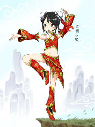 Rule 34 | 1girl, armpits, black hair, blush, china dress, chinese clothes, detached sleeves, double bun, dress, fighting stance, full body, highres, midriff, navel, original, short hair, solo, standing, standing on one leg, zaxwu