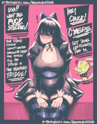 Rule 34 | 1girl, absurdres, black dress, black hair, blue eyes, blush, bow, breasts, chuck (psg), dildo reveal, dress, english text, hair bow, highres, large breasts, long hair, noodlenood, panty &amp; stocking with garterbelt, patreon username, pussy juice, sitting, speech bubble, stocking (psg), striped clothes, striped thighhighs, sweatdrop, thighhighs, watermark, web address