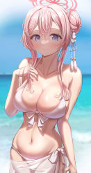 Rule 34 | 1girl, absurdres, azuma (sospower73), bikini, blue archive, blue eyes, breasts, cleavage, collarbone, front-tie bikini top, front-tie top, hair between eyes, hair bun, hair ornament, halo, highres, large breasts, looking at viewer, mimori (blue archive), mimori (swimsuit) (blue archive), navel, pink hair, sarong, sidelocks, smile, solo, stomach, swimsuit, water, white bikini