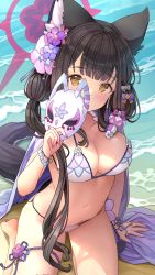 Rule 34 | 1girl, absurdres, animal ear fluff, animal ears, arm up, barefoot, beach, bikini, black hair, blue archive, breasts, brown eyes, cleavage, flower, fox ears, fox girl, fox mask, fox tail, hair flower, hair ornament, halo, highres, long hair, looking at viewer, low twintails, mask, unworn mask, navel, nomio, ocean, outdoors, sitting, solo, stomach, swimsuit, tail, thigh strap, thighs, twintails, very long hair, wakamo (blue archive), water, white bikini