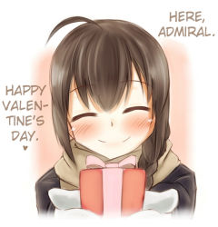 Rule 34 | 10s, 1girl, ahoge, alternate costume, box, braid, brown hair, closed eyes, gift, gift box, hard-translated, kantai collection, mittens, ribbon, scarf, sekino takehiro, shigure (kancolle), single braid, sketch, smile, solo, third-party edit, translated, valentine, winter clothes