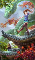 Rule 34 | 1girl, artist name, autumn leaves, balancing, bell, black thighhighs, blue shirt, breasts, brown eyes, brown footwear, day, earrings, green skirt, happy, highres, jewelry, leaf, loafers, long hair, maple leaf, medium breasts, original, outstretched arms, parted lips, pleated skirt, rooftop, scales, shengyi sun, shirt, shoes, short sleeves, skirt, smile, snake, solo, spread arms, standing, standing on one leg, thighhighs, tree, twintails, walking, zettai ryouiki