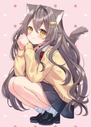 Rule 34 | 1girl, ahoge, animal ears, black skirt, blush, bow, brown hair, cat day, cat ears, cat girl, cat tail, choker, double-parted bangs, fish hair ornament, hair between eyes, hair ornament, hamico, highres, loafers, long hair, looking at viewer, original, own hands together, pleated skirt, red bow, school uniform, shoes, skirt, smile, solo, squatting, sweater, tail, thighs, very long hair, yellow eyes, yellow sweater