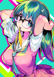 Rule 34 | 1girl, adjusting hair, arms up, black-framed eyewear, blue eyes, breasts, commentary request, dohna dohna issho ni warui koto o shiyou, glasses, green neckerchief, large breasts, long hair, medico, mouth hold, multicolored background, multicolored hair, neckerchief, official art, onono imoko, pink skirt, ribbon, sailor collar, school uniform, serafuku, shirt tucked in, short sleeves, simple background, skirt, solo, streaked hair, upper body