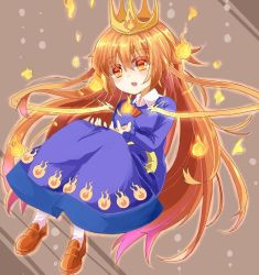 Rule 34 | 1girl, :o, blonde hair, blue dress, blush, bow, breasts, collared shirt, colored eyelashes, crown, dress, fire, full body, gradient hair, grey background, kijipoko, loafers, long dress, long hair, long sleeves, looking at viewer, matching hair/eyes, multicolored hair, open mouth, orange eyes, orange hair, original, outline, pink hair, shirt, shoes, simple background, sitting, small breasts, smile, solo, tatsuakari jinka, touhou, touhou gishinreibyou, very long hair, yellow eyes
