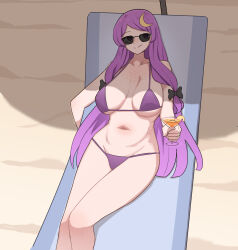 Rule 34 | 1girl, alternate costume, beach, bespectacled, bikini, black bow, bow, breasts, chair, closed mouth, cocktail glass, collarbone, commentary, crescent, crescent hair ornament, cup, drink, drinking glass, english commentary, freckles, glasses, hair bow, hair ornament, highres, holding, holding cup, large breasts, long hair, lounge chair, mata (matasoup), navel, no headwear, patchouli knowledge, purple bikini, purple eyes, shadow, sitting, smile, solo, sunglasses, swimsuit, touhou, very long hair