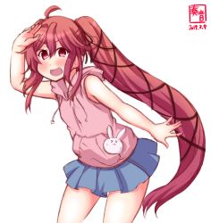Rule 34 | 1girl, alternate costume, alternate hairstyle, artist logo, bare legs, blue skirt, blush, cowboy shot, dated, flat chest, hair between eyes, hair ornament, hand on forehead, highres, hood, hoodie, jacket, kanon (kurogane knights), kantai collection, long hair, looking at viewer, open mouth, pink eyes, pink hair, pink jacket, ponytail, rabbit ornament, signature, simple background, skirt, sleeveless, sleeveless jacket, smile, solo, uzuki (kancolle), white background