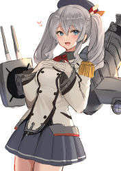 Rule 34 | 1girl, akagi kurage, beret, blue eyes, blush, breasts, epaulettes, gloves, grey hair, grey skirt, hair between eyes, hands on own chest, hat, heart, highres, kantai collection, kashima (kancolle), long hair, long sleeves, medium breasts, military, military uniform, open mouth, pleated skirt, rigging, simple background, skirt, solo, twintails, uniform, white background, white gloves