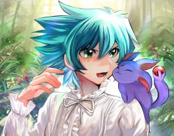 Rule 34 | 1boy, :3, :d, blue hair, creature, creature on shoulder, crystal beast ruby carbuncle, duel monster, forest, green eyes, johan andersen, long sleeves, male focus, nature, neck ribbon, on shoulder, open mouth, ribbon, shirt, short hair, sk816, smile, white shirt, yu-gi-oh!, yu-gi-oh! gx