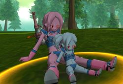 Rule 34 | 2girls, age difference, armor, blue skin, boots, chi-chi (dragon ball), child, colored skin, dragon ball, dragon ball online, dragonball z, female majin, forest, gloves, instrument, majin (race), monster girl, multiple girls, nature, navel, pink skin, red eyes, scouter, side ponytail, sitting, size difference, smile, spread legs, tree, trumpet