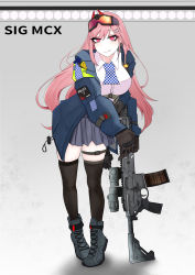 Rule 34 | 1girl, assault rifle, belt, black thighhighs, blue jacket, blue skirt, boots, brown gloves, carbine, closed mouth, eyewear on head, girls&#039; frontline, gloves, grey footwear, gun, highres, holding, holding weapon, jacket, long hair, looking at viewer, mole, mole under eye, open clothes, open jacket, pink hair, police, police uniform, purple eyes, rifle, shirt, sig mcx (girls&#039; frontline), sig sauer, sig mcx, simple background, skirt, solo, standing, thighhighs, uniform, weapon, white shirt, wuwuwu (kriswu555)