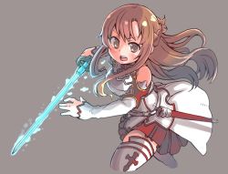 Rule 34 | 1girl, armor, asuna (sao), blush, braid, breastplate, breasts, brown eyes, brown hair, cropped legs, detached sleeves, dress, es (eisis), french braid, glowing, glowing weapon, grey background, highres, holding, holding weapon, long hair, open mouth, sheath, sidelocks, simple background, solo, sword art online, teeth, thighhighs, thighs, upper teeth only, weapon, white armor, white dress, white thighhighs