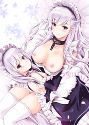 Rule 34 | 2girls, aged down, apron, azur lane, belfast (azur lane), blue dress, blue eyes, blush, braid, breasts, breasts out, chain, closed mouth, clothes pull, collar, collarbone, dress, dress pull, elbow gloves, flower, french braid, frilled gloves, frills, gloves, highres, large breasts, little bel (azur lane), long hair, looking at viewer, lying on lap, maid, maid apron, maid headdress, multiple girls, nipples, one side up, open mouth, petals, shiroi noria, silver hair, small breasts, smile, thighs, waist apron, white gloves, white legwear