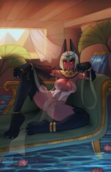 Rule 34 | animal ears, ankh, anklet, anubis (mythology), arm on knee, artist logo, bathhouse, black fur, breasts, chair, claws, clothing cutout, corset, covered erect nipples, covered pussy, dark-skinned female, dark skin, ear piercing, earrings, egyptian, elbow rest, emerald sustrai, flower, fountain, gem, green hair, highres, jackal ears, jewelry, lotus, lounge chair, medium breasts, mismatched animal ear colors, navel, navel cutout, navel piercing, ninjakitty, nipples, open mouth, piercing, pussy, red eyes, red gemstone, ring, rwby, see-through, short hair, sitting, spread legs, teeth, water, watermark