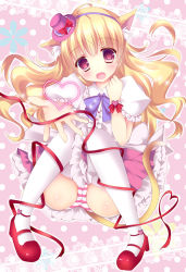 Rule 34 | 1girl, animal ears, ass, blonde hair, blush, cat ears, cat tail, fang, hat, heart, heart of string, knees together feet apart, leg ribbon, long hair, mini hat, mini top hat, open mouth, original, panties, pantyshot, pink eyes, puffy short sleeves, puffy sleeves, ribbon, rika-tan (rikatantan), shirt, short sleeves, sitting, skirt, smile, solo, striped clothes, striped panties, tail, top hat, underwear, valentine, very long hair, wavy hair, wrist ribbon