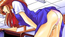 Rule 34 | 1990s (style), 1girl, 5 jikanme no venus, brown hair, ceiling, ceiling light, classroom, closed eyes, clothes lift, cowboy shot, dress, dress lift, fairy dust, female masturbation, game cg, indoors, leaning forward, lowres, masturbation, panties, pc98, pink panties, pixel art, pussy juice, pussy juice trail, retro artstyle, school uniform, solo, standing, tagme, underwear