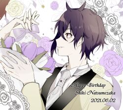 Rule 34 | 1boy, 2021, black vest, character name, dance with devils, dated, facing to the side, gloves, happy birthday, highres, long sleeves, male focus, natsumezaka shiki, purple hair, qi7pi, red eyes, shirt, short hair, smile, solo, teeth, vest, white background, white gloves, white shirt
