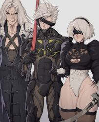 Rule 34 | &gt;:), 1girl, 2b (nier:automata), 2boys, black blindfold, black dress, black gloves, black headband, black thighhighs, blindfold, boots, breasts, cleavage, covered eyes, crossover, cyborg, dress, evil smile, feather-trimmed sleeves, feather trim, final fantasy, final fantasy vii, gloves, grey eyes, headband, highres, holding, holding sword, holding weapon, juliet sleeves, katana, long hair, long sleeves, looking at viewer, medium breasts, metal gear (series), metal gear rising: revengeance, mole, mole under mouth, multiple boys, nier:automata, nier (series), one eye covered, puffy sleeves, raiden (metal gear), robot, sephiroth, short hair, smile, spikes, sword, thick thighs, thighhighs, thighhighs under boots, thighs, v-shaped eyebrows, very long hair, weapon, white hair, yoracrab