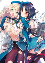 Rule 34 | 10s, 2girls, :o, arm up, artist name, asymmetrical docking, atago (kancolle), bad id, bad twitter id, beret, black gloves, black legwear, black skirt, blonde hair, blue eyes, blue hat, blue jacket, blush, breast press, breasts, closed mouth, covering one breast, covering privates, foreshortening, frown, garter straps, gloves, half-closed eyes, hat, hayakawa akari, high heels, jacket, kantai collection, large breasts, long sleeves, looking at viewer, multiple girls, open mouth, outstretched arm, pantyhose, red eyes, red footwear, shoes, sideboob, skirt, smoke, takao (kancolle), thighhighs, torn clothes, torn jacket, torn legwear, zettai ryouiki