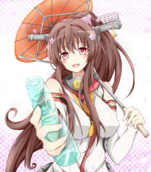 Rule 34 | 00s, 10s, 1girl, :d, bare shoulders, bottle, breasts, brown hair, detached sleeves, flower, hair flower, hair ornament, kantai collection, karamoneeze, lamune, large breasts, long hair, long sleeves, looking at viewer, oil-paper umbrella, open mouth, pink eyes, ramune, shirt, skirt, smile, solo, umbrella, very long hair, yamato (kancolle)