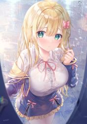 Rule 34 | 1girl, blonde hair, blue jacket, blue skirt, blurry, blurry foreground, blush, bow, bra visible through clothes, collared shirt, commentary request, cowboy shot, cropped jacket, dress shirt, frilled skirt, frills, green eyes, hair bow, hand up, highres, inagaki minami, jacket, leaning forward, long hair, long sleeves, looking at viewer, miniskirt, neck ribbon, off shoulder, open clothes, open door, open jacket, original, parted lips, pink bow, pink ribbon, rain, ribbon, shirt, signature, skirt, solo, sousouman, standing, wet, wet clothes, wet hair, wet shirt, wing collar