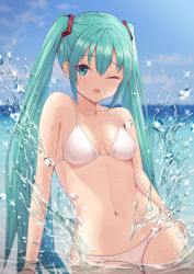 Rule 34 | 1girl, ;d, absurdres, bare arms, bikini, blue eyes, blue hair, breasts, cleavage, collarbone, day, hair ornament, halterneck, hannari369, hatsune miku, highres, long hair, looking at viewer, navel, ocean, one eye closed, open mouth, outdoors, small breasts, smile, solo, spaghetti strap, swimsuit, thigh gap, twintails, very long hair, vocaloid, white bikini