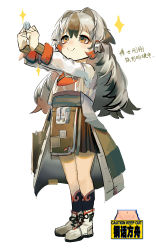 Rule 34 | 1girl, absurdres, aged down, arknights, black legwear, black skirt, blush, brown eyes, brown hair, child, chinese text, coin, fh moya, full body, grey footwear, grey hair, highres, long hair, long sleeves, looking at object, multicolored hair, outstretched arms, shoes, sign, simple background, skirt, smile, snowsant (arknights), solo, sparkle, tearing up, translation request, two-tone hair, warning sign, white background