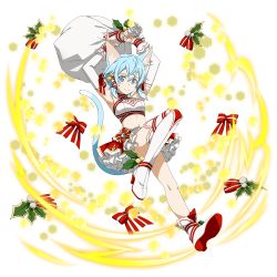 Rule 34 | 1girl, animal ears, armpits, arms up, asymmetrical legwear, blue eyes, blue hair, boots, bow, cat ears, cat tail, crop top, detached sleeves, full body, gift bag, hair between eyes, hair ornament, hair ribbon, halterneck, high heel boots, high heels, highres, holding, layered skirt, midriff, miniskirt, navel, red bow, red ribbon, red skirt, red thighhighs, ribbon, short hair with long locks, sidelocks, sinon (sao-alo), skirt, smile, solo, star (symbol), star hair ornament, stomach, striped bow, striped ribbon, sword art online, tail, thigh boots, thighhighs, transparent background, uneven legwear, white footwear, wrist cuffs