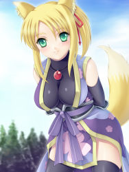Rule 34 | 10s, 1girl, animal ears, arms behind back, black thighhighs, blonde hair, breasts, dog days, fox ears, fox tail, green eyes, hayami kyuuen, highres, japanese clothes, looking at viewer, smile, solo, tail, thighhighs, yukikaze panettone