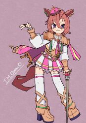 Rule 34 | 1girl, animal ears, armor, blush, boots, cane, cape, character name, closed mouth, corset, crown, ear piercing, fingerless gloves, gloves, hair between eyes, hand up, high heel boots, high heels, highres, holding, holding cane, horse ears, jewelry, long sleeves, looking at viewer, orange hair, piercing, pink background, pink cape, purple eyes, ring, shirt, short hair, shoulder armor, single glove, skirt, smile, solo, sudzume, t.m. opera o (umamusume), thighhighs, umamusume, v, white gloves, white shirt, white thighhighs, yellow footwear