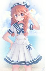 Rule 34 | beret, blue bow, blue eyes, blush, bow, braid, breasts, coat, dress, hair between eyes, hat, highres, long hair, looking at viewer, open mouth, orange hair, princess connect!, purple eyes, sailor, sailor collar, sailor hat, short sleeves, smile, solo, teren, twin braids, uniform, v, white dress, white hat, yuni (princess connect!)