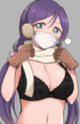 Rule 34 | 10s, 1girl, black bra, blush, bra, breasts, brown gloves, cleavage, commentary request, earmuffs, gloves, green eyes, grey background, highres, large breasts, long hair, looking at viewer, love live!, love live! school idol project, low twintails, mask, mouth mask, navel, purple hair, scarf, simple background, solo, surgical mask, tojo nozomi, twintails, underwear, wewe, yellow scarf