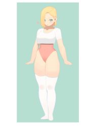 Rule 34 | 1girl, android 18, blonde hair, blue eyes, blush, breasts, commentary request, dragon ball, dragonball z, green background, heart, highres, hochihochiha, large breasts, leotard, looking at viewer, crop top, open mouth, pink leotard, shirt, short hair, short sleeves, thick thighs, thighhighs, thighs, white shirt, white thighhighs