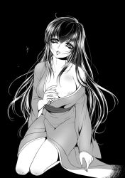 Rule 34 | 1girl, basilisk (manga), black background, breasts, cleavage, collarbone, floating hair, greyscale, hair between eyes, head tilt, iga oboro, japanese clothes, kimono, kneeling, long hair, looking at viewer, medium breasts, momochio, monochrome, off shoulder, open clothes, open kimono, parted lips, simple background, solo, very long hair