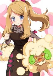 Rule 34 | 1girl, 1other, bad id, bad pixiv id, bag, blue eyes, blush, brown dress, brown hair, clenched hand, closed mouth, creatures (company), dress, feet out of frame, game freak, gen 5 pokemon, hand on own hip, handbag, heart, heart background, highres, horns, jumping, leaning forward, long dress, long hair, long sleeves, looking at viewer, nintendo, official alternate costume, pokemon, pokemon (creature), pokemon masters ex, ponytail, ribbed dress, serena (palentine&#039;s 2021) (pokemon), serena (pokemon), sidelocks, smile, swept bangs, whimsicott, yuihico
