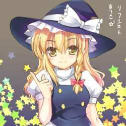 Rule 34 | 1girl, blonde hair, blush, bow, braid, hair bow, hat, hat bow, kirisame marisa, long hair, looking at viewer, puffy short sleeves, puffy sleeves, red bow, short sleeves, side braid, sidelocks, smile, solo, star (symbol), takatsukasa yue, touhou, translation request, upper body, white bow, witch hat, yellow eyes