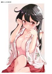 Rule 34 | 10s, 1girl, absurdres, ahoge, alcohol, alternate costume, areola slip, black hair, blush, border, breasts, brown eyes, bust cup, cleavage, collarbone, detached sleeves, tucking hair, hamaken. (novelize), hands up, highres, japanese clothes, kantai collection, kimono, knee up, large breasts, licking lips, long hair, looking at viewer, nipple slip, nipples, no bra, open clothes, open kimono, outside border, red skirt, ribbon-trimmed sleeves, ribbon trim, sake, scan, sitting, skirt, solo, tongue, tongue out, ushio (kancolle), wakamezake, white border, wide sleeves