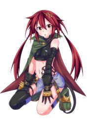 Rule 34 | 1girl, blush, braid, breasts, cape, collarbone, female focus, full body, gloves, hair ornament, hairclip, hechima-bushi, long hair, looking at viewer, low twintails, medium breasts, navel, necktie, neptune (series), no bra, open clothes, orange eyes, red hair, shirt, shoes, simple background, smile, solo, tattoo, tennouboshi uzume, twin braids, twintails, white background