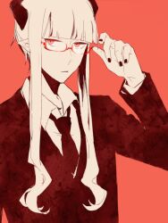 Rule 34 | 1boy, demon boy, demon horns, formal, funamusea, glasses, haiiro teien, horns, kuroko mikura, looking at viewer, male focus, necktie, parted lips, pointy ears, red background, red eyes, red nails, red necktie, red suit, shirt, short hair with long locks, solo, suit, white shirt, yosaflame (haiiro teien)