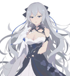 Rule 34 | 1girl, :o, absurdres, bare shoulders, bow, breasts, bronya zaychik, bronya zaychik (silverwing: n-ex), cleavage, delusion god, dress, earrings, grey eyes, grey hair, hair bow, highres, honkai (series), honkai impact 3rd, jewelry, long hair, looking at viewer, open mouth, simple background, single sleeve, solo, white background, white dress