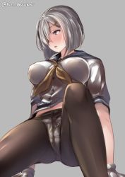 Rule 34 | 1girl, black pantyhose, blush, breasts, dress, gloves, grey background, grey eyes, hair between eyes, hair ornament, hair over one eye, hairclip, hamakaze (kancolle), juurouta, kantai collection, large breasts, medium breasts, no pants, open mouth, panties, panties under pantyhose, pantyhose, sailor collar, sailor dress, school uniform, serafuku, shirt, simple background, solo, underwear, white gloves, white hair, white panties, white shirt