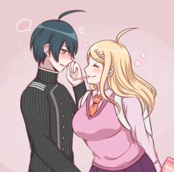 Rule 34 | 1boy, 1girl, ahoge, akamatsu kaede, black jacket, blush, breasts, brown eyes, buttons, closed eyes, closed mouth, danganronpa (series), danganronpa v3: killing harmony, donutous, double-breasted, facing another, food, food in mouth, fortissimo, grey shirt, hair ornament, holding, jacket, large breasts, looking at another, musical note, musical note hair ornament, pink background, pink vest, pocky, pocky in mouth, saihara shuichi, shirt, short hair, smile, spoken blush, striped clothes, striped jacket, vest